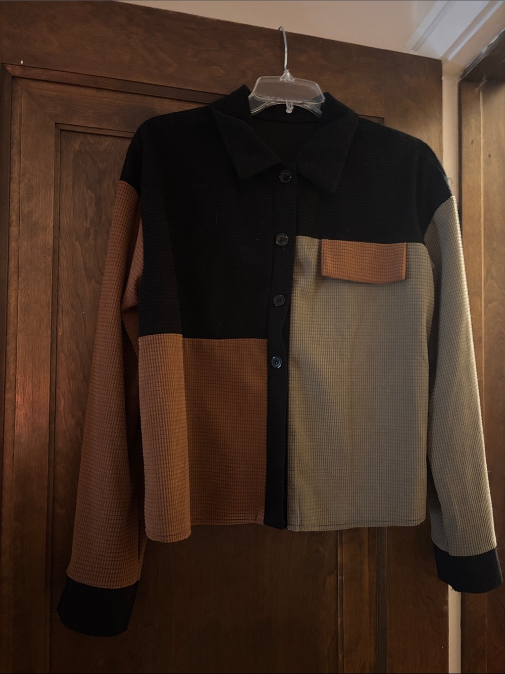 Colorblock Waffle-Knit Button-Front Jacket - Black & Brown